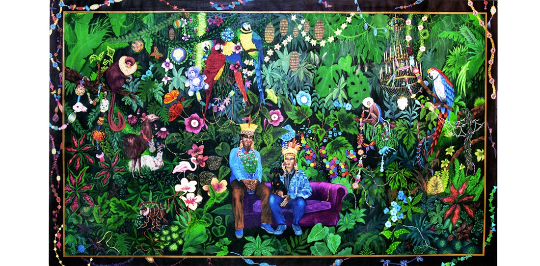 La famille dans la joyeuse verdure, de Leo Chiachio et Daniel Giannone, Deuxième Prix 2013 de la Cité de la tapisserie. Mequette de tapisserie, gouache sur papier.