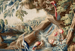 Verdure fine aux armes du comte de Brühl (détail), tapisserie de basse lisse, XVIIIe siècle, atelier De Landriève, Manufacture royale d'Aubusson. 